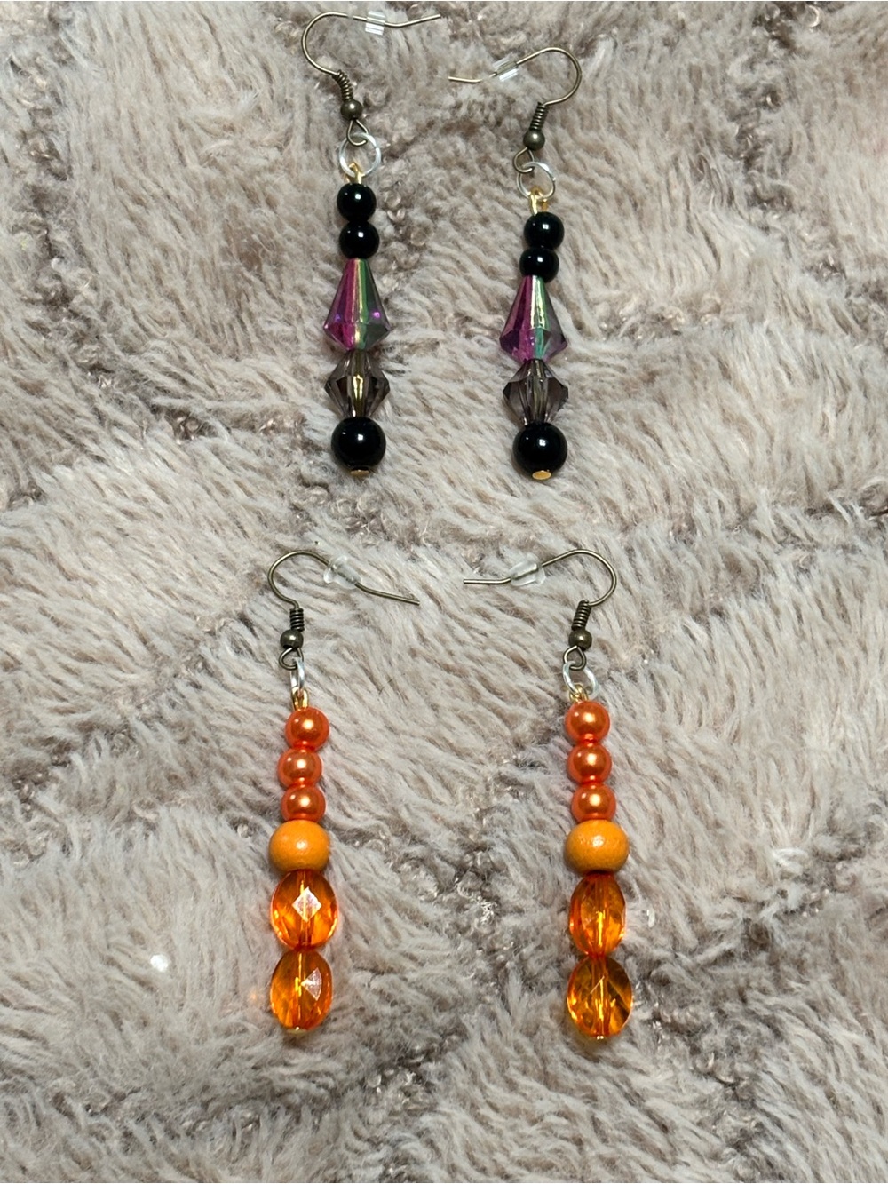 Handmade Orange Bead Drop and black dangle Earrings - Women Jewelry: set of 2